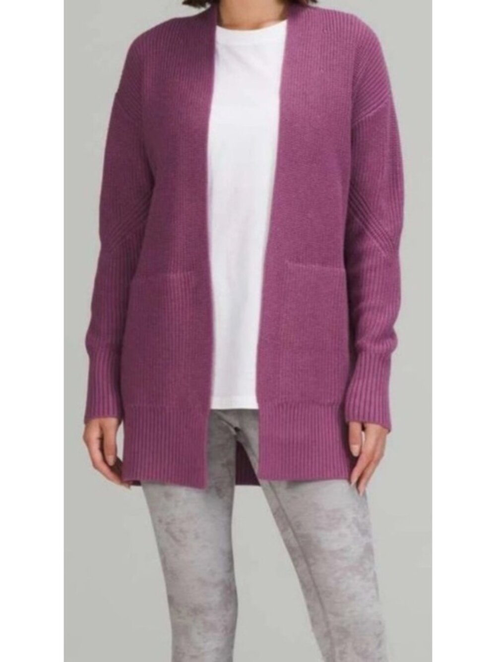 Lululemon Cashlu Sweater M/L Wrap Purple Knit Cardigan Viscose/Nylon Blend